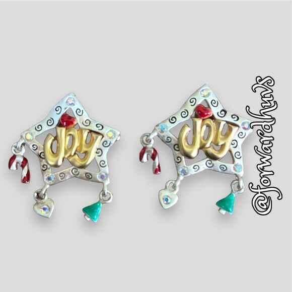 Set of AJMC Silver Tone Star Shaped Christmas Holiday Brooches with Dangling Cha - Picture 9 of 11